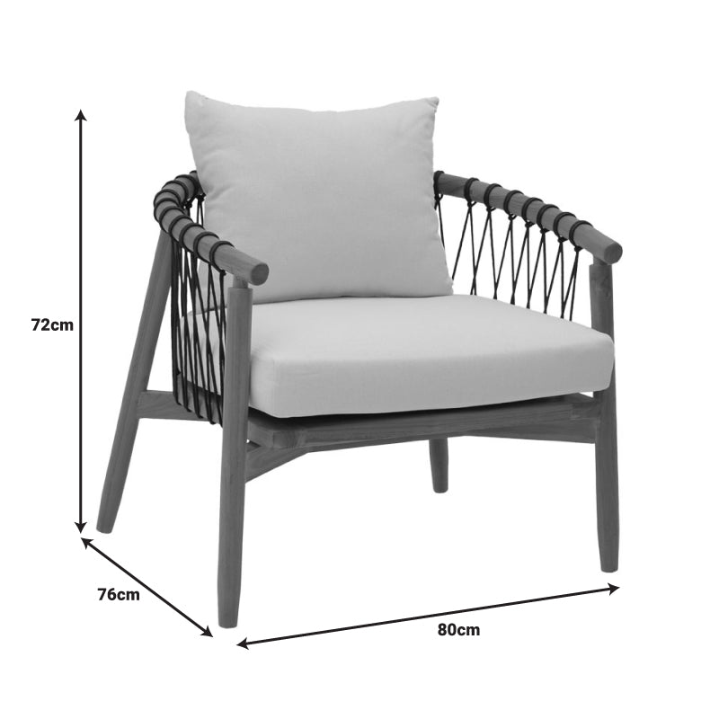 Фотьойл Haibo естествено тиково дърво-черно въже-бяла възглавница 80x75x72см