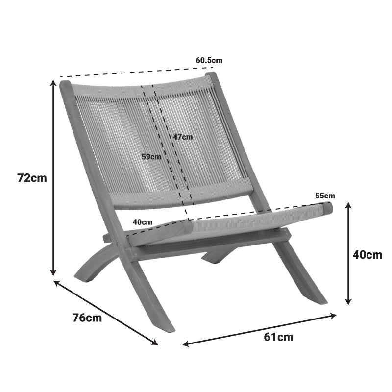Сгъваем фотьойл Seal тиково дърво и пе въже в черен нюанс 61x76x72см
