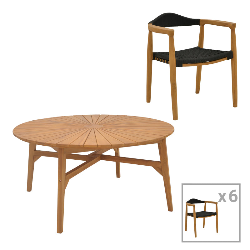 Трапезна маса 7бр. Ganny-Colen тиково дърво в естествено-черен нюанс Φ150x75см