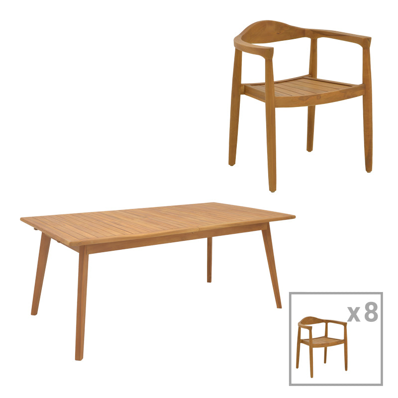 Трапезен комплект 9 бр Ganny-Pino тиково дърво в естествен нюанс с маса 180/240x100x75см