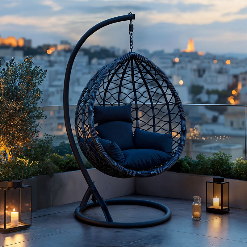 Градинска люлка Lyere със сива метална основа със сив пе ратан 120x108x195cм