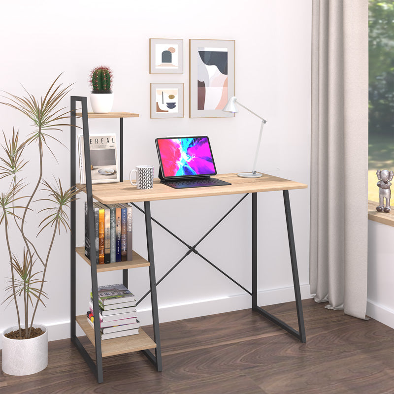 Офис бюро с рафтове Deckstor в цвят дъб с черни метални крака 102x50x117см