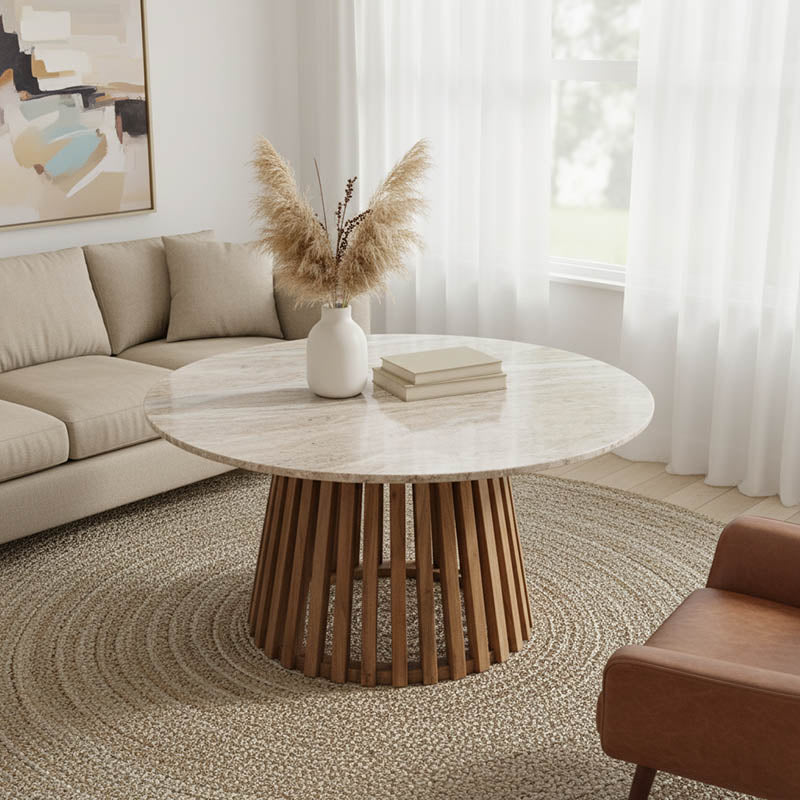 Холна маса Мable акациево дърво масив в естествен цвят и мраморен плот d100x45см