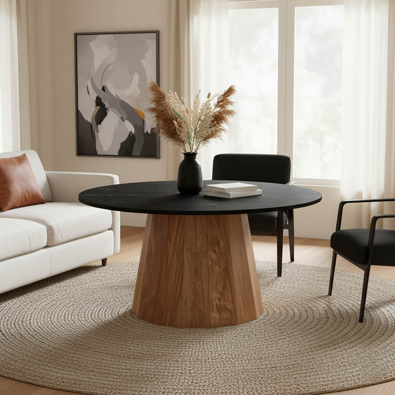 Холна маса Ezerdian акациево дърво масив в естествен цвят и плот от черен мрамор d90x45см