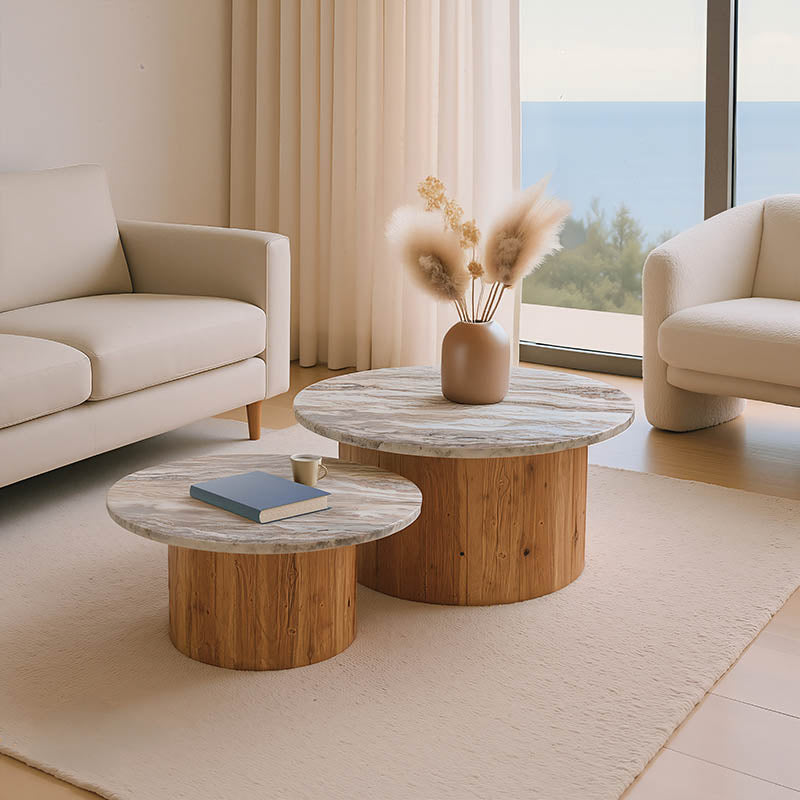 Холна маса Sergy комплект 2 части акациево дърво масив в естествен цвят и мраморен плот