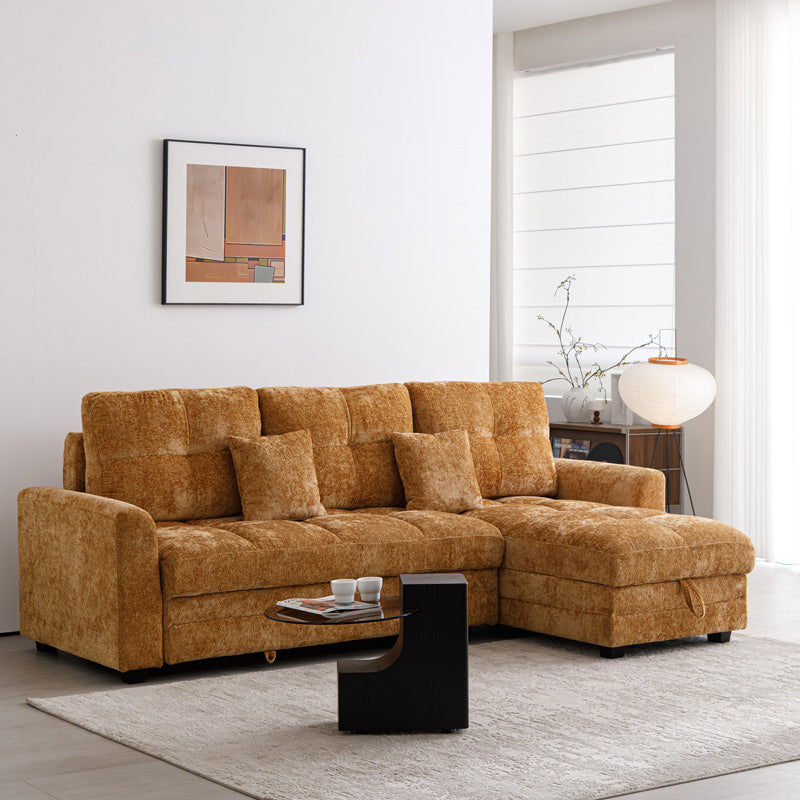 Ъглов двустранен разтегателен диван Comfie с място за съхранение камилска тъкан 267x159x97cm