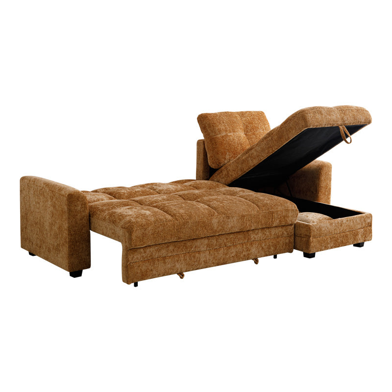 Ъглов двустранен разтегателен диван Comfie с място за съхранение камилска тъкан 267x159x97cm