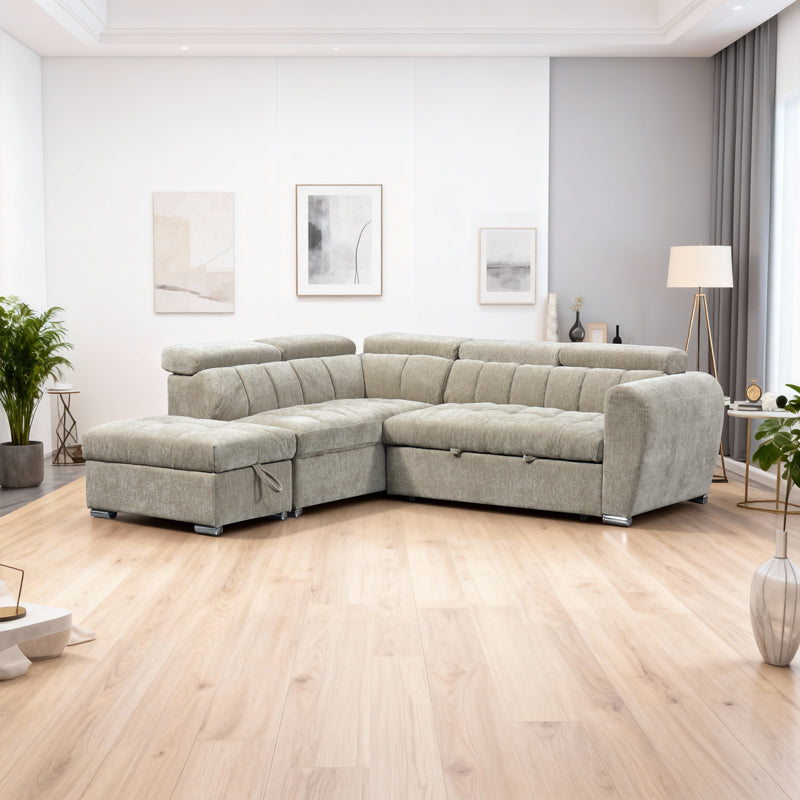 Ъглов разтегателен диван десен ъглов NUVORA с място за съхранение бежов плат 244x225x79см