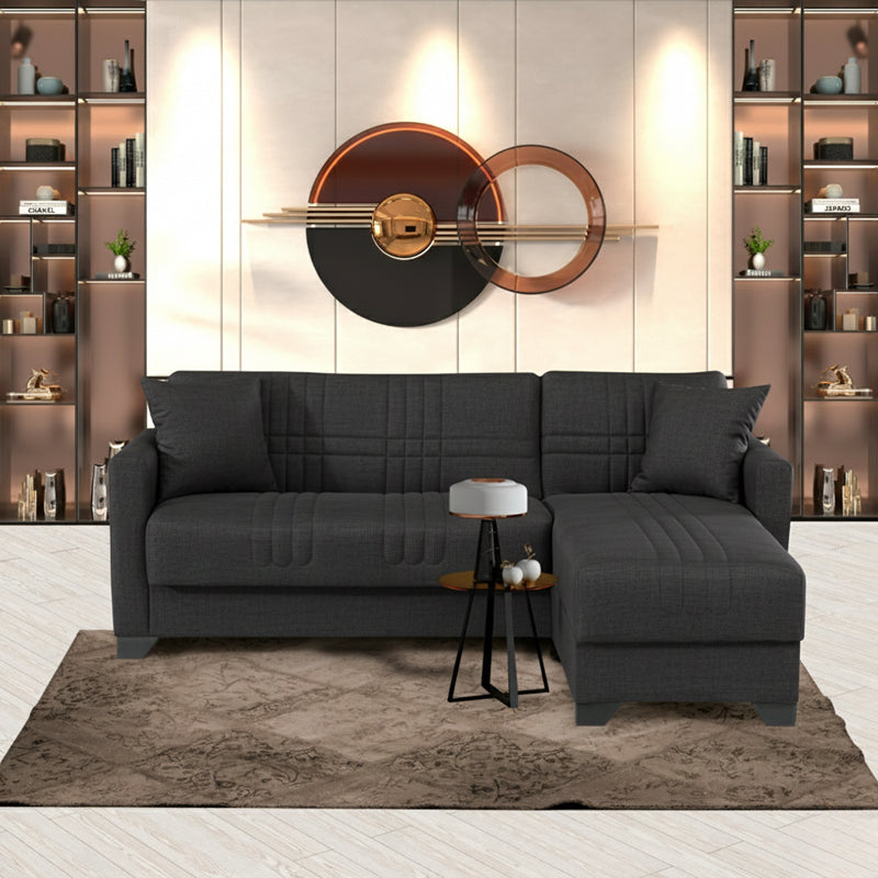 Ъглов разтегателен диван с обръщаем дизайн Stashio антрацит плат 202x143x84см