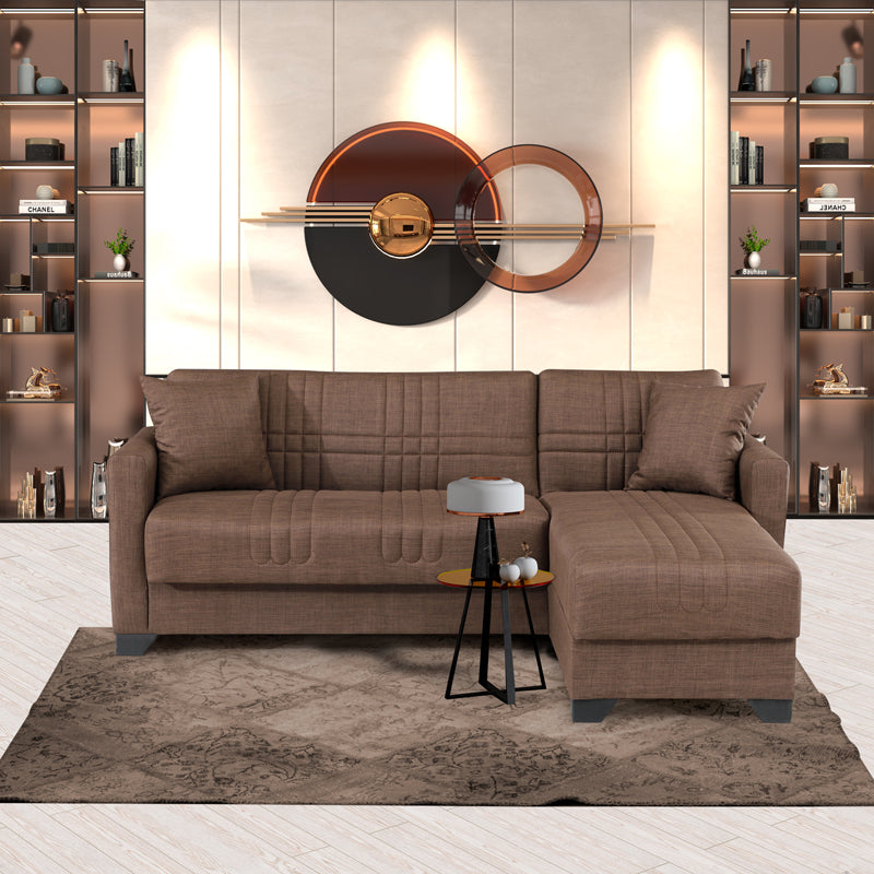 Ъглов разтегателен диван с обръщаем дизайн Stashio кафяв плат 202x143x84см