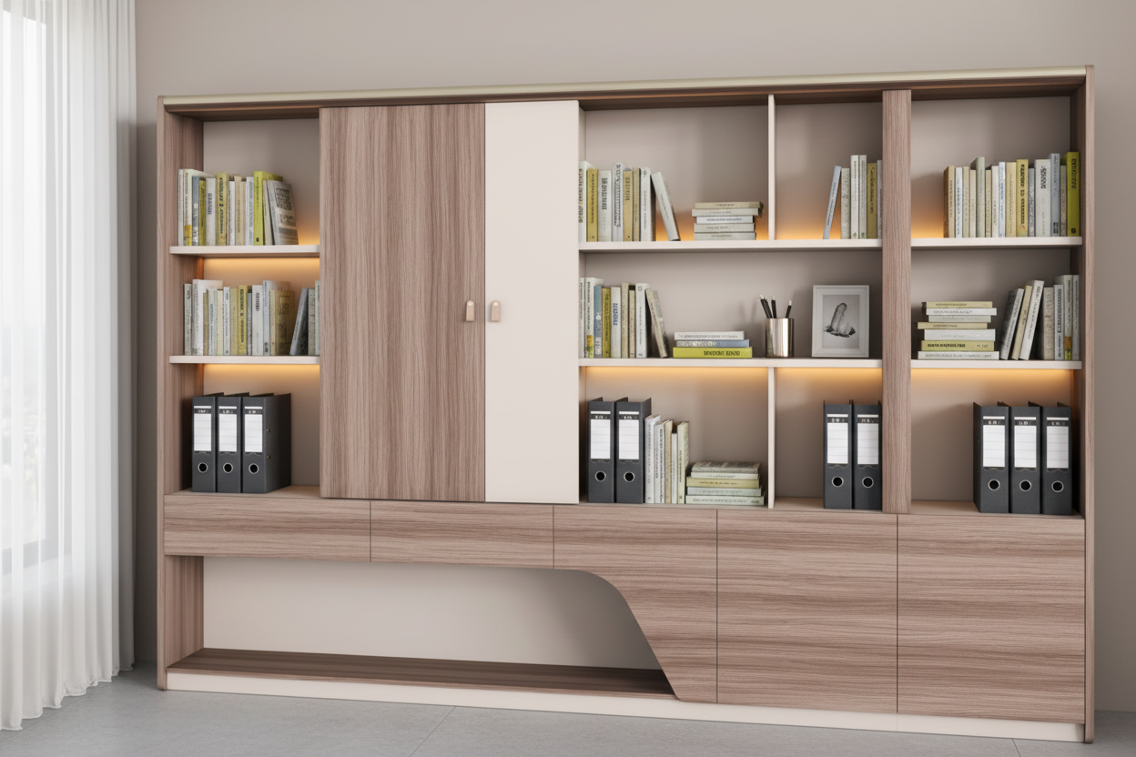 Офис библиотека SUPERON меламин натурален и бежов цвят с LED осветление 300x40x200см