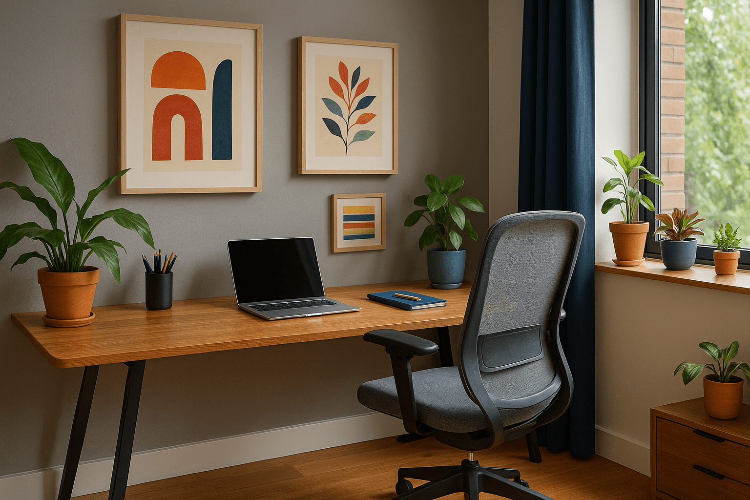 Офис мебели – топъл модерен офис с дървено бюро, ергономичен стол и растения Viva Mebel