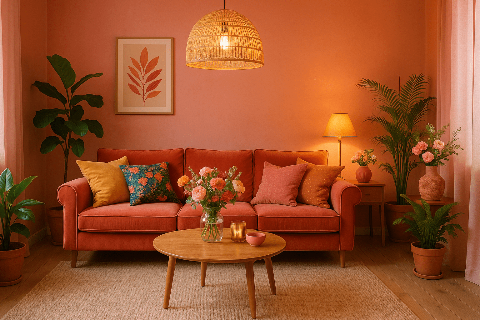 Мебели за хол и дневна – цветна романтична всекидневна с оранжев диван и дървена маса Viva Mebel