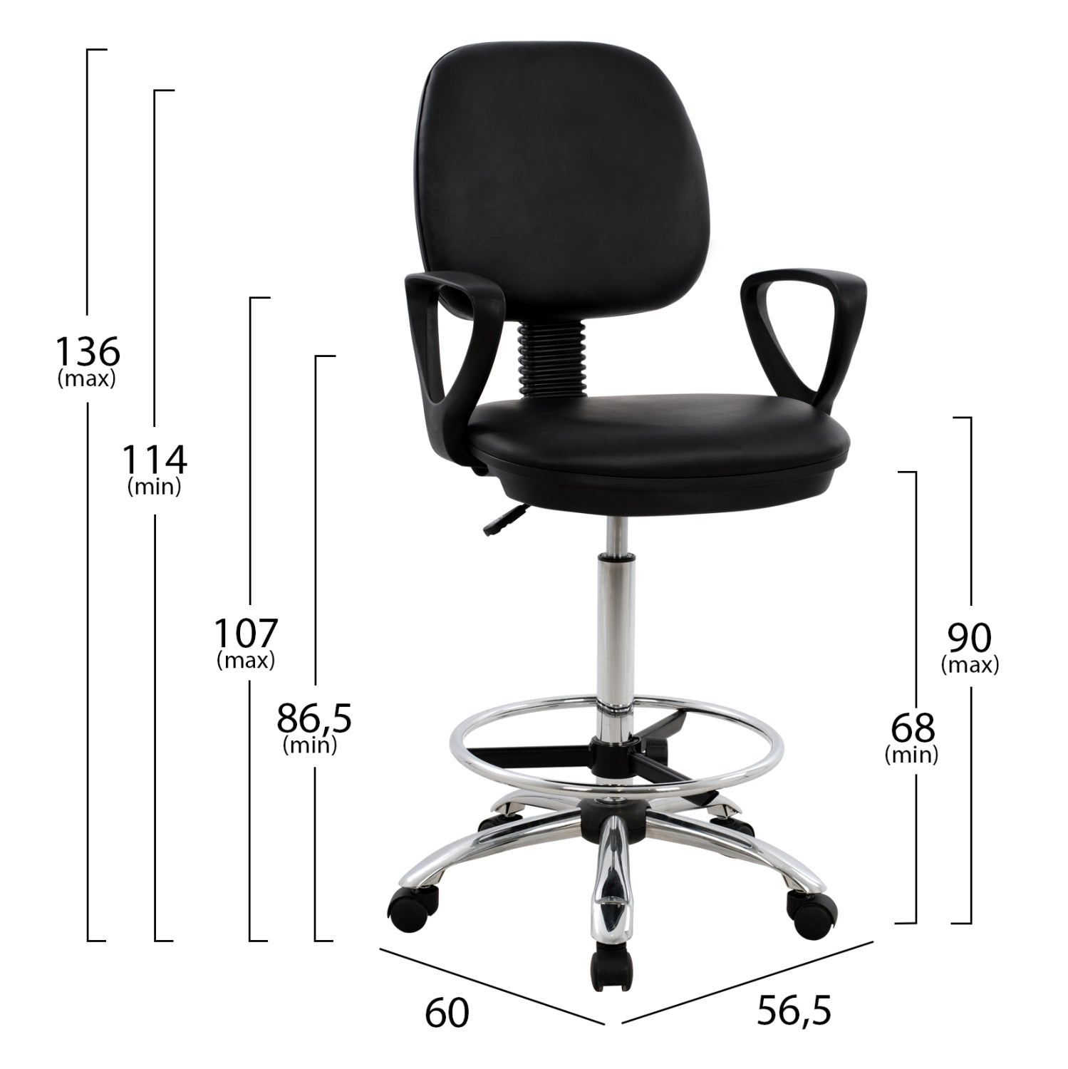 Офис стол  IVERN 56,5x60x136см черна еко кожа хром крак 64x55x112-120