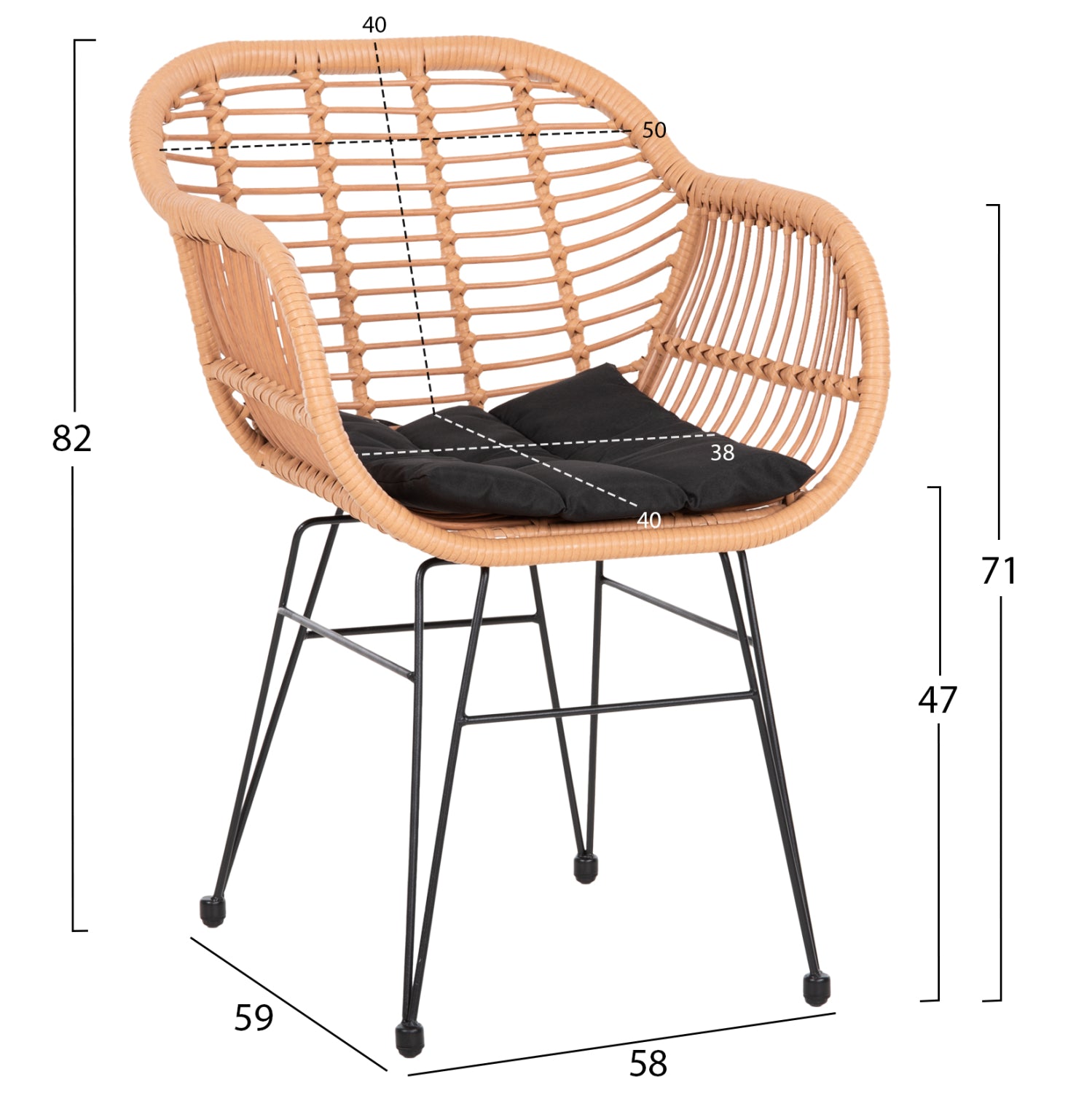 Комплект градински 7 части  ALLEGRA  от ракита,с маса 159,5x89,5x72 бежово-черен метал