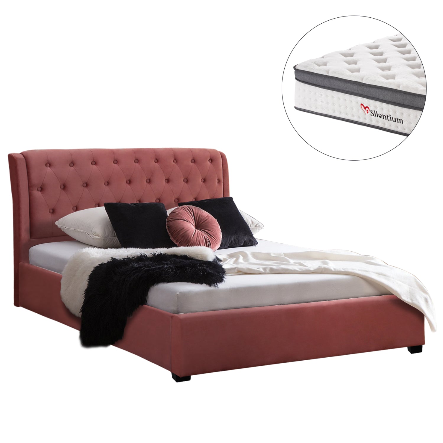 Double bed with mattress odalys КГ10748.12 velvet in dusty pink--for mattress 150x200cm.