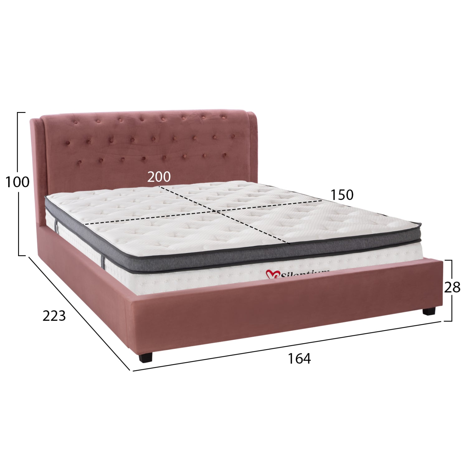 Double bed with mattress odalys КГ10748.12 velvet in dusty pink--for mattress 150x200cm.