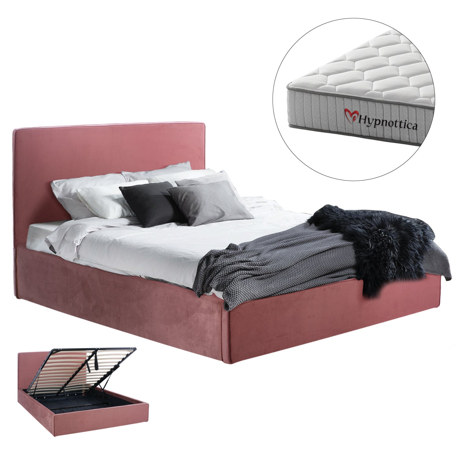 Двойно легло с матрак allie dusty pink velvet - с място за съхранение - за размери 160x200см.
