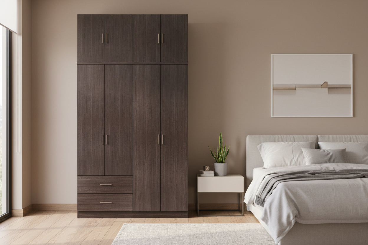 Гардероб с 4 крила с надстройка  и 2 чекмеджета, зебрано, 120x42x241см.