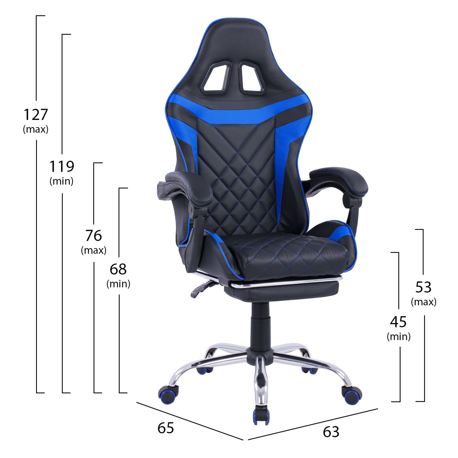 Геймърски стол Skyler с накланяща се облегалка и поставка за крака в черно-син цвят  63x65x127см
