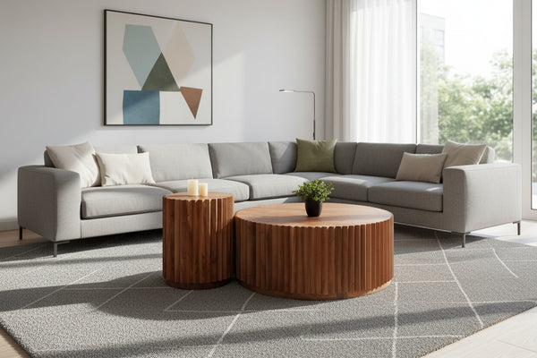 Комплект от 2 кръгли масички за кафе  SEDGE-масивна акациева дървесина в размер φ90 и φ40см.