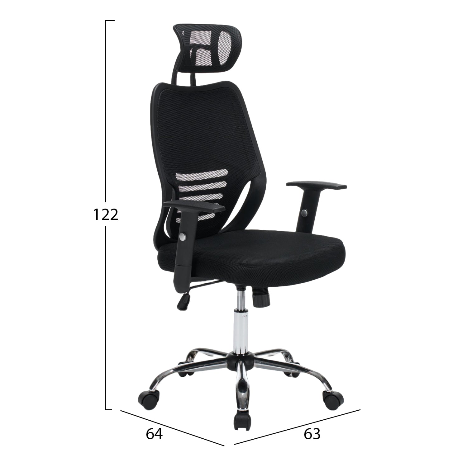 Офис стол,„BRIEF“ черен, мрежестен плат - хромирана основа, 63x64x122 в см.