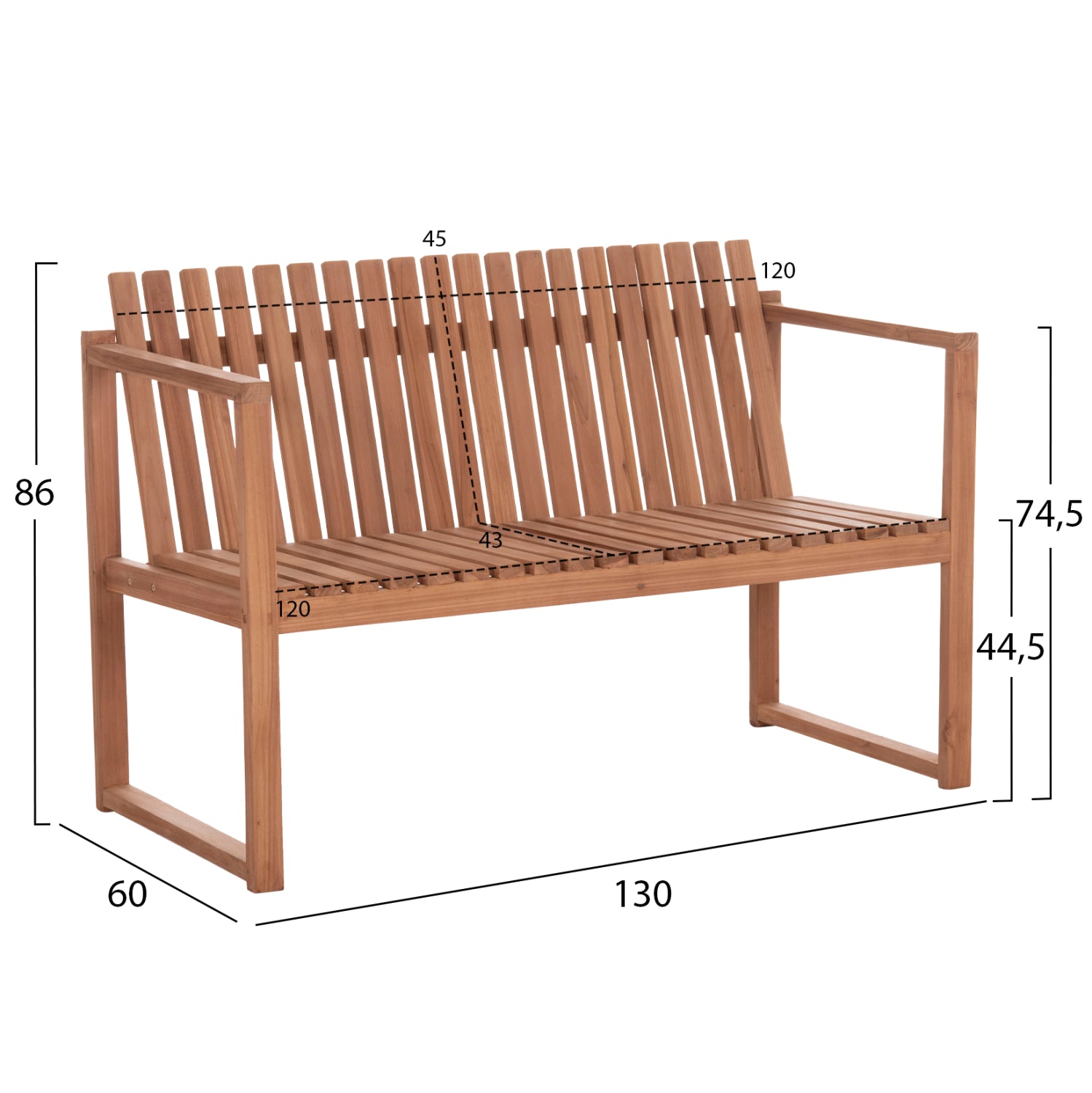 Градинска пейка за 2 места, тиково дърво - естествен цвят, 130x60x86см