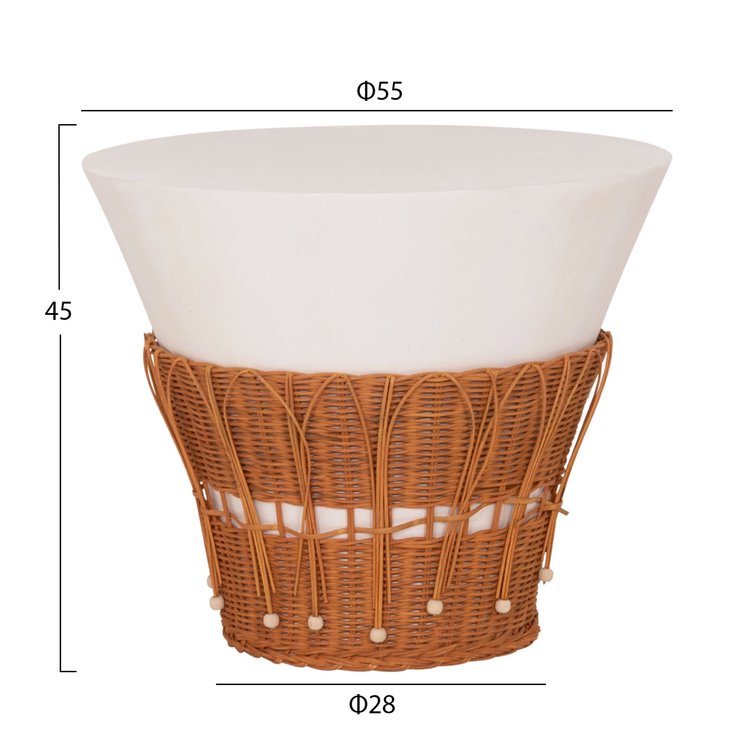 Кръгла масичка за кафе PERRAL,  фибър цимент, в бял - естествен ратан -- φ55x45hсм.