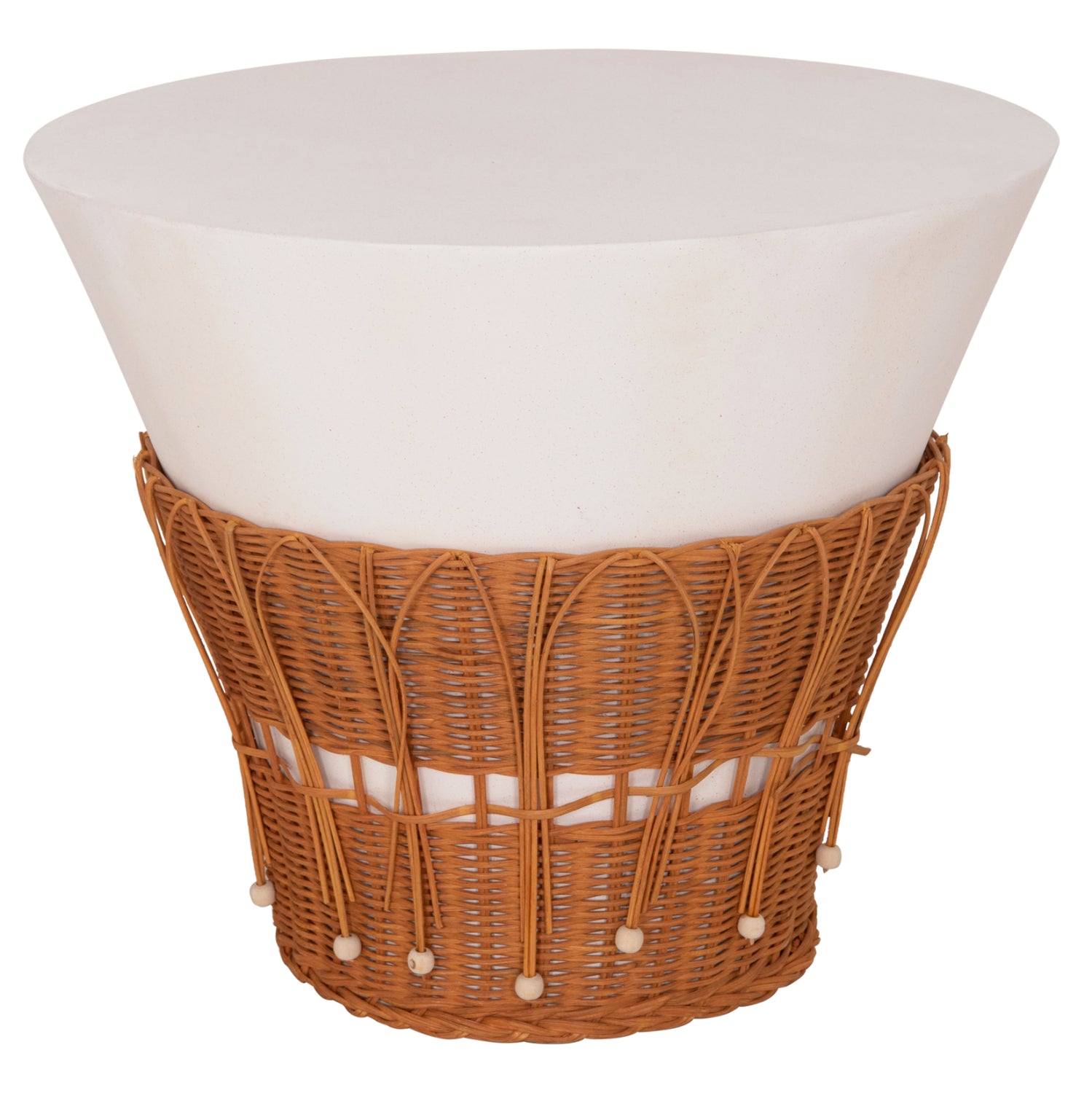 Кръгла масичка за кафе PERRAL,  фибър цимент, в бял - естествен ратан -- φ55x45hсм.