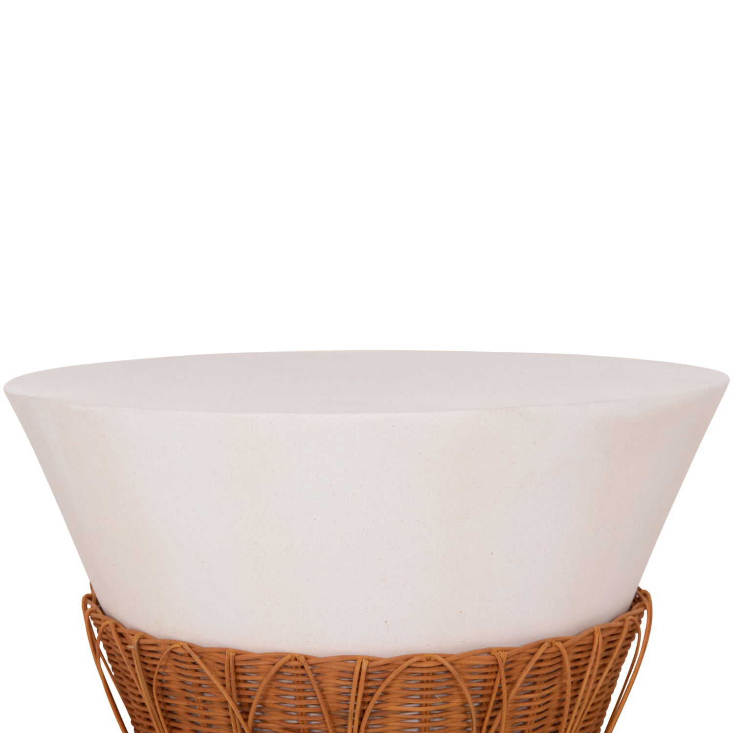 Кръгла масичка за кафе PERRAL,  фибър цимент, в бял - естествен ратан -- φ55x45hсм.