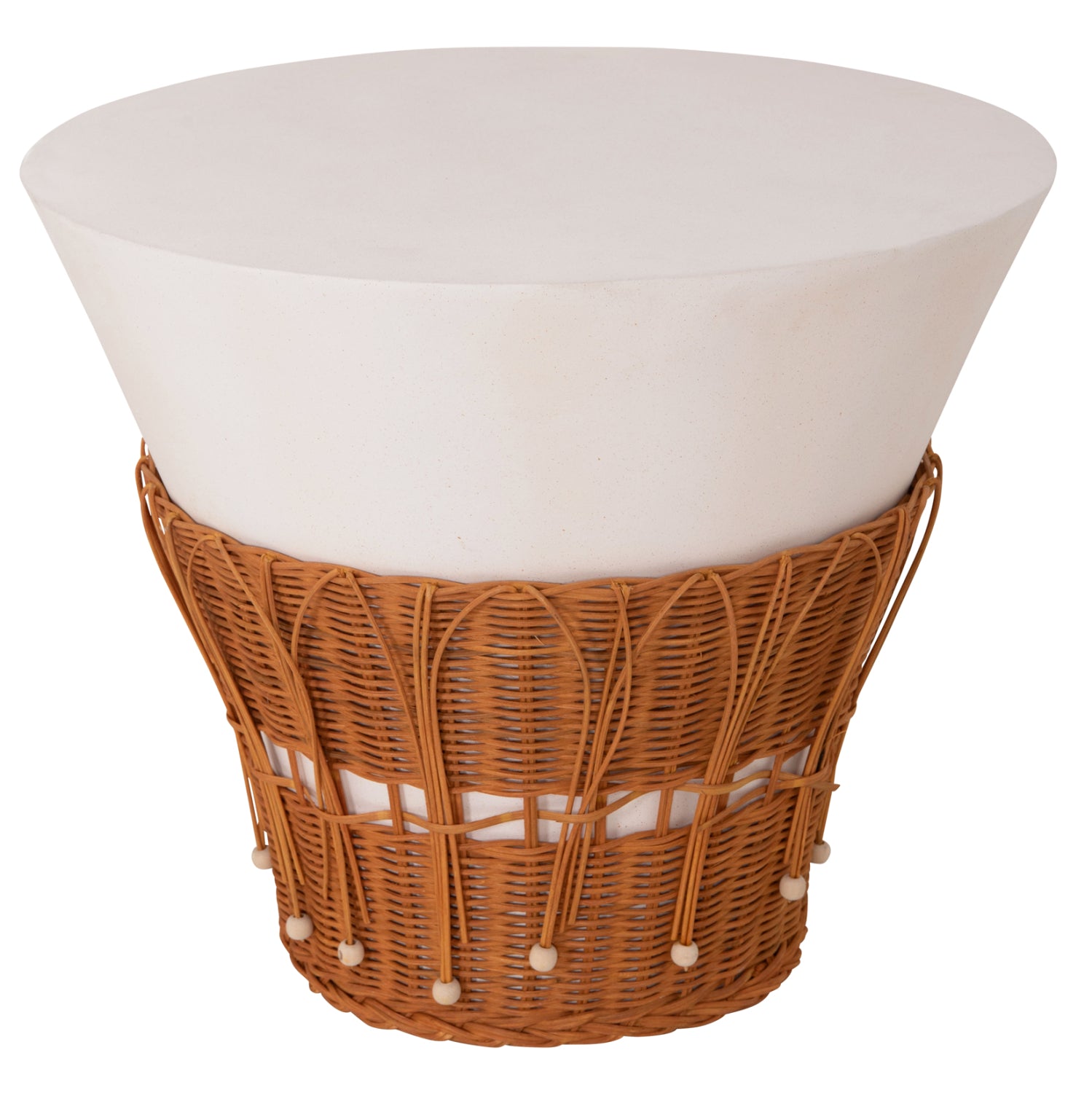 Кръгла масичка за кафе PERRAL,  фибър цимент, в бял - естествен ратан -- φ55x45hсм.