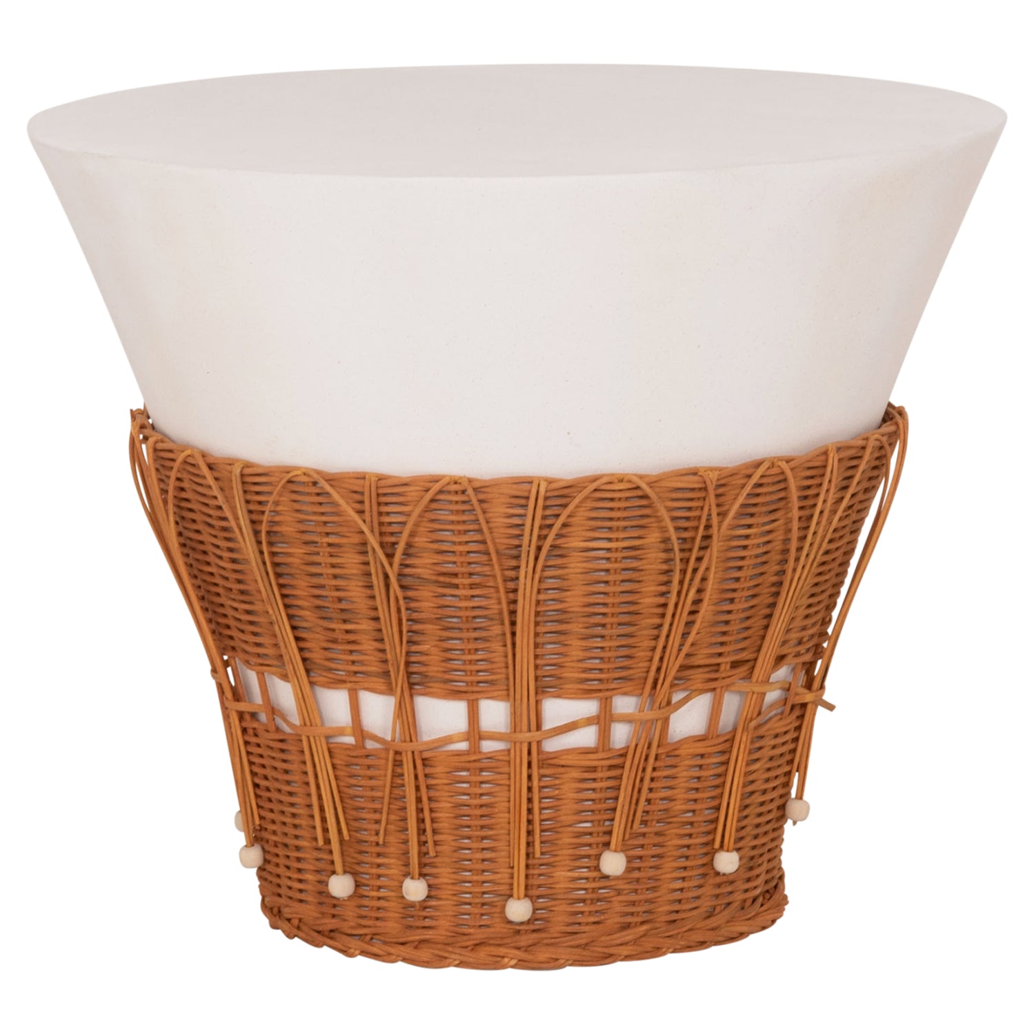 Кръгла масичка за кафе PERRAL,  фибър цимент, в бял - естествен ратан -- φ55x45hсм.