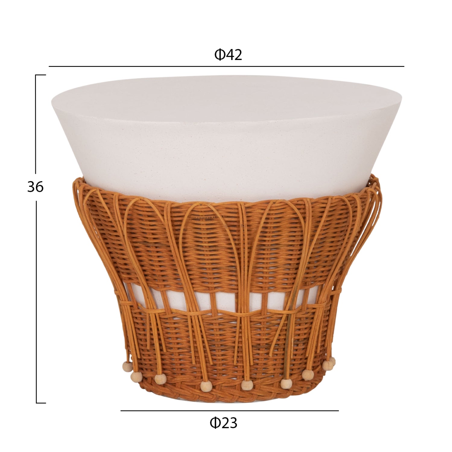 Кръгла странична маса PERRAL  фибро цимент в бял - натурален ратан -- φ42x36всм.
