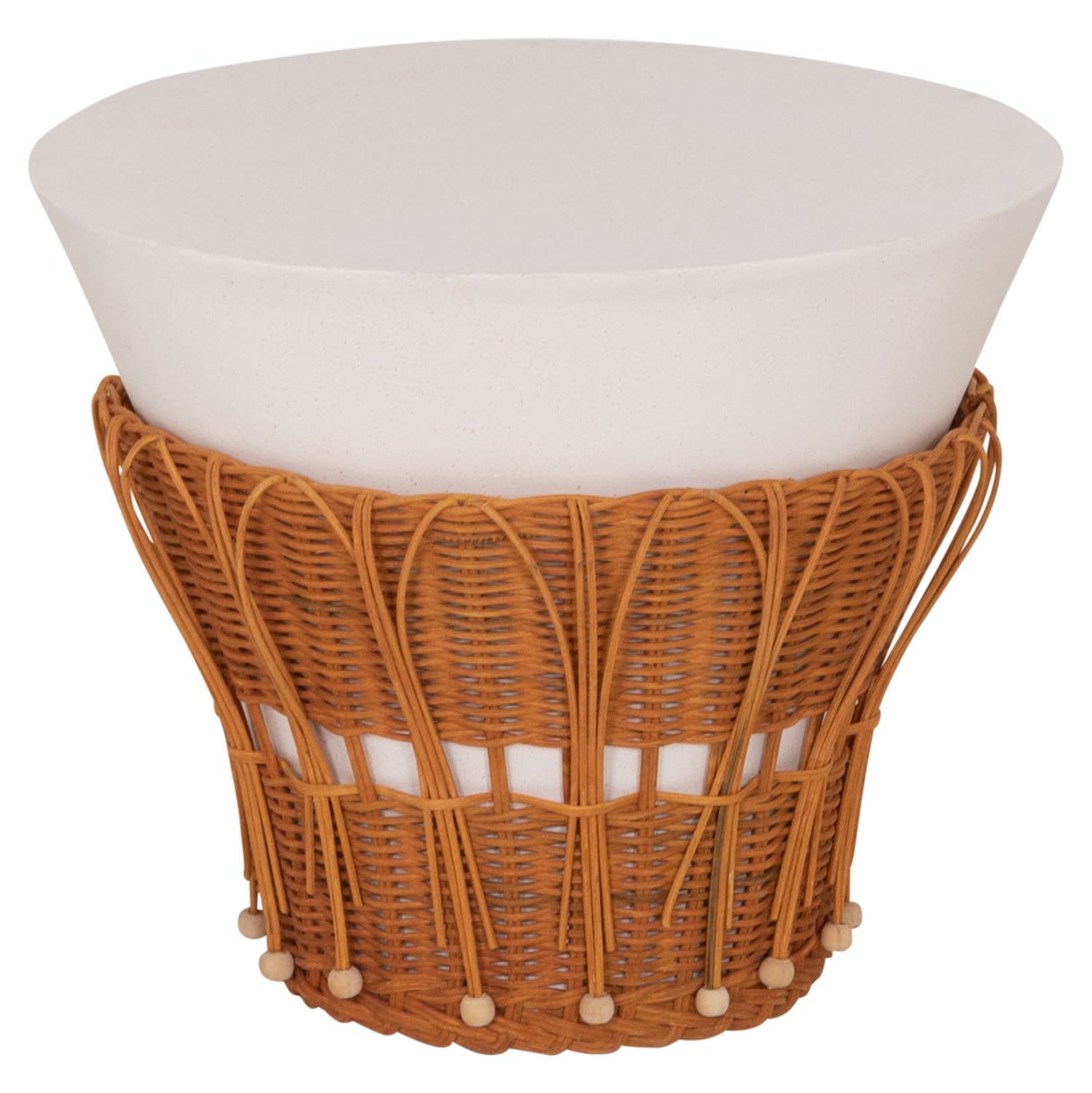 Кръгла странична маса PERRAL  фибро цимент в бял - натурален ратан -- φ42x36всм.