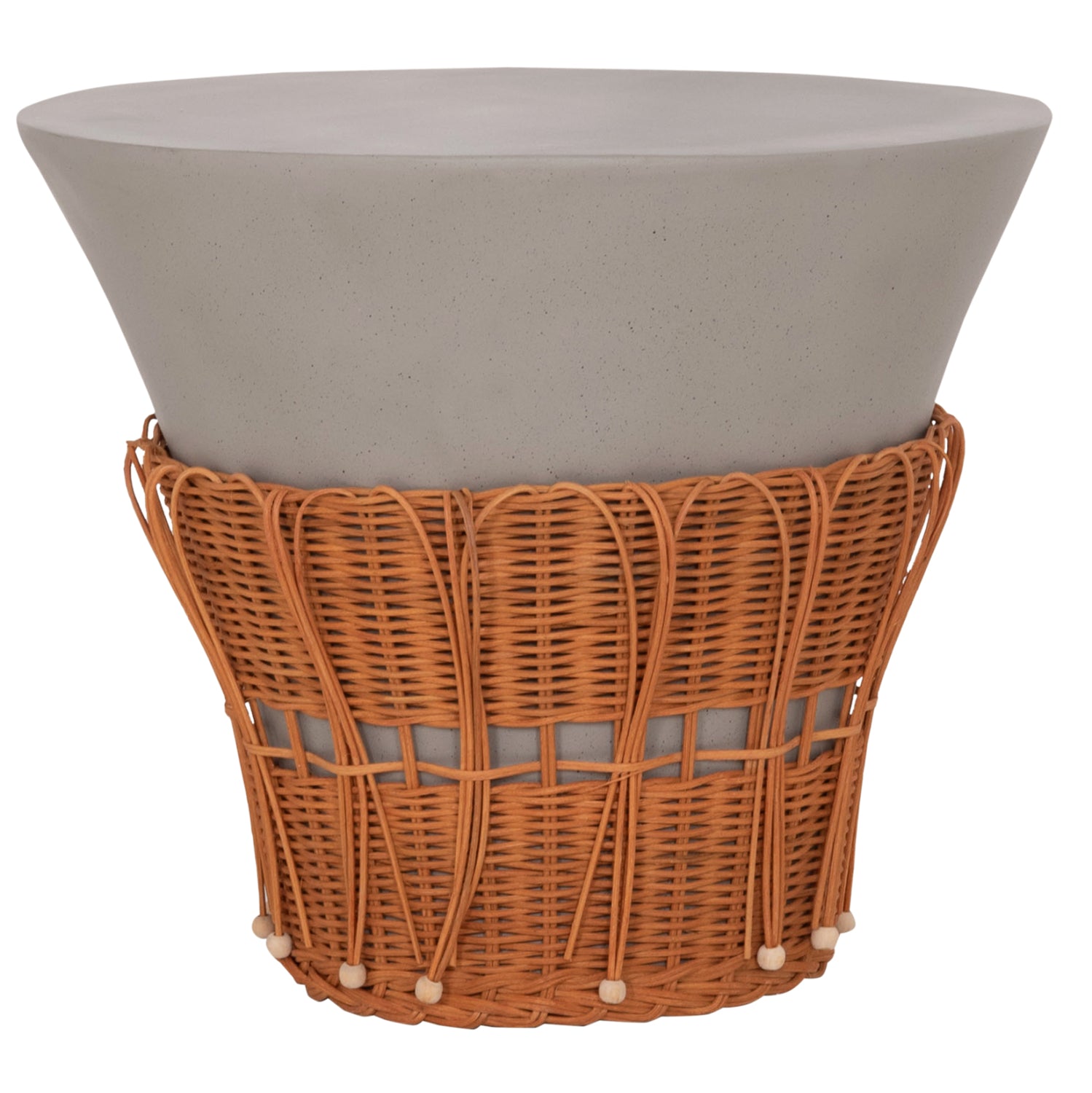 Кръгла масичка за кафе,PERRAL фибър цимент, сив цвят - натурален ратан -- φ55x45всм.