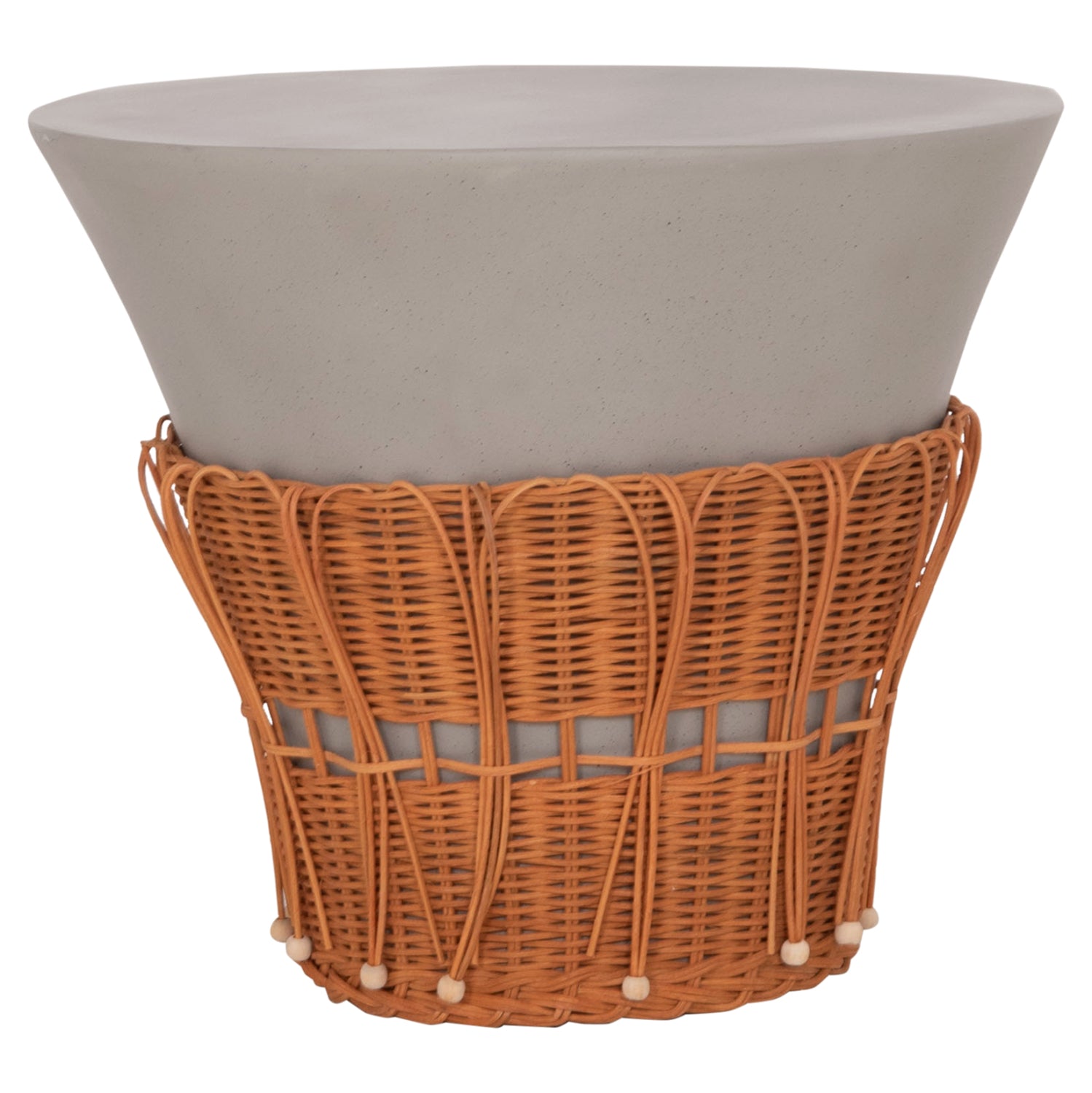 Кръгла масичка за кафе,PERRAL фибър цимент, сив цвят - натурален ратан -- φ55x45всм.