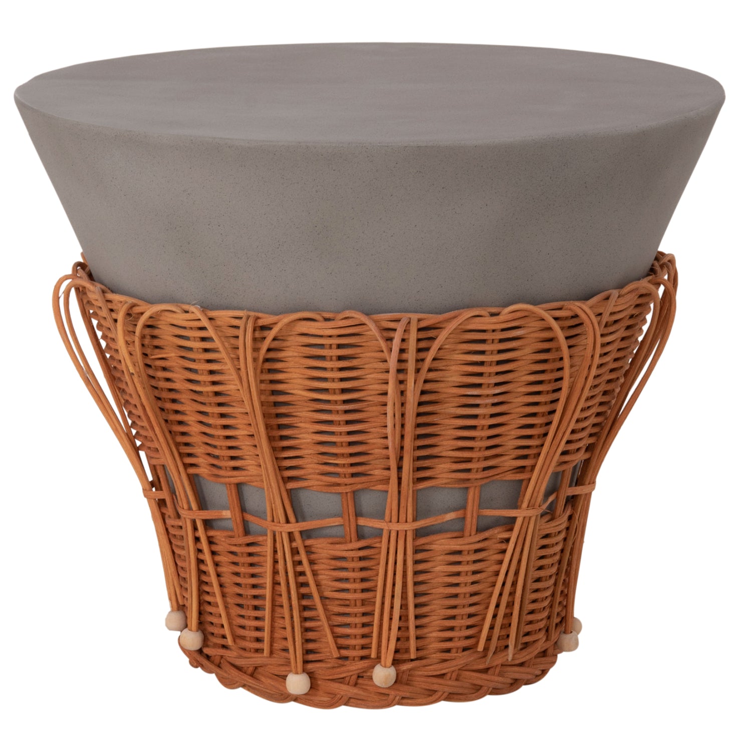 Кръгла странична маса PERRAL фибър цимент в сиво / натурален ратан φ42x36см.