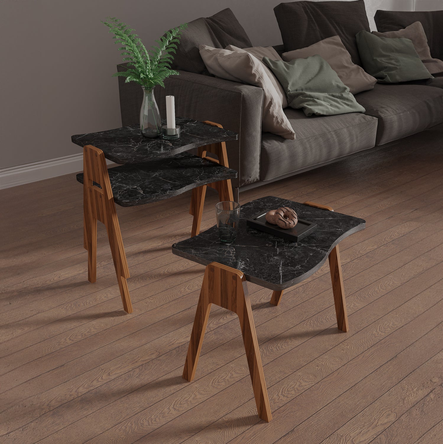 Комплект странични маси 3 бр  ESSENT  орех-черен цвят  45x35x40см