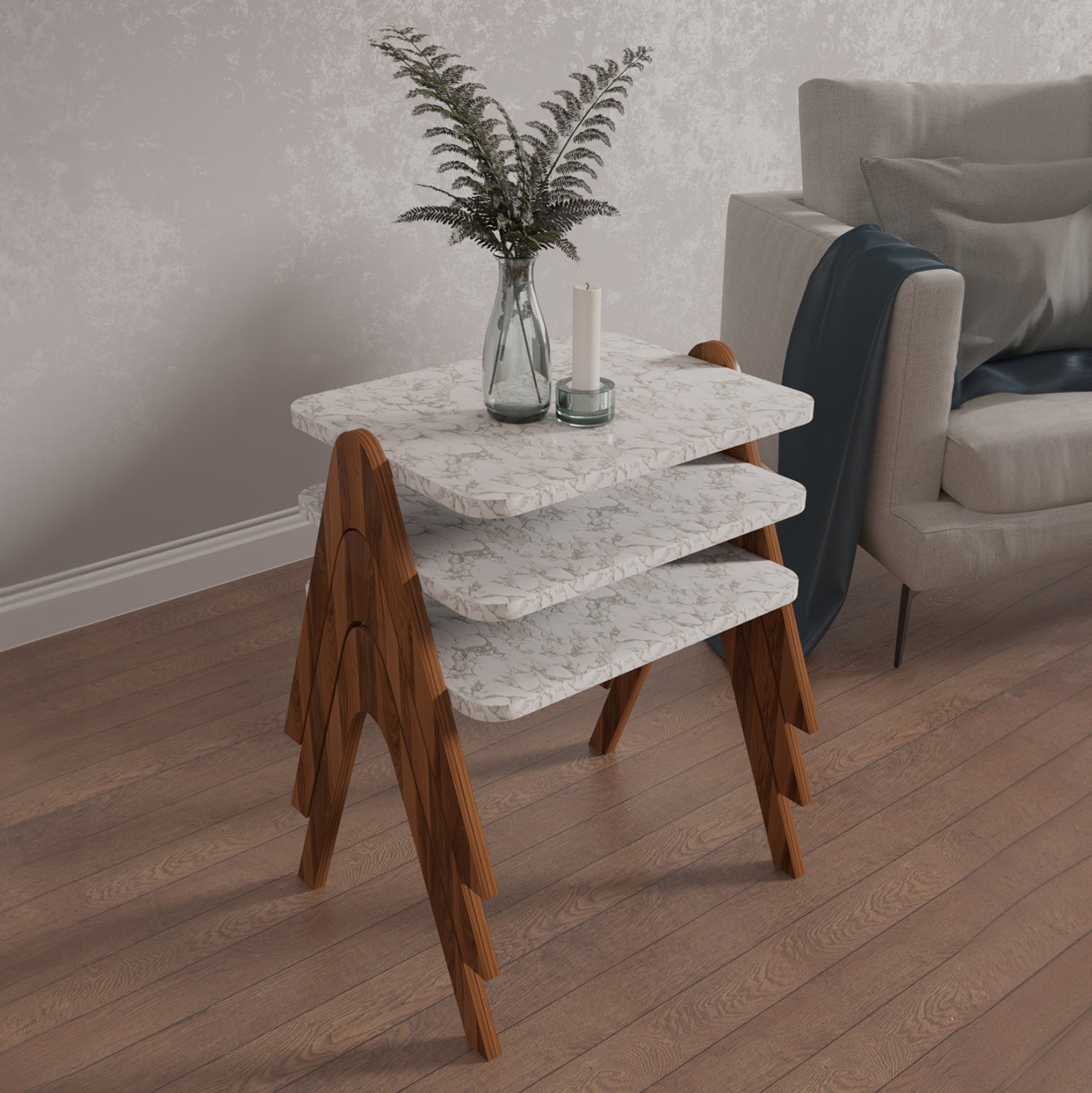 Комплект от 3 странични масички  REACHER  орех-бял цвят  40x30x40см