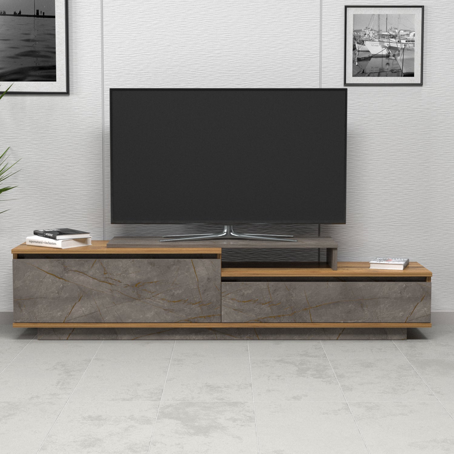 Тв шкаф LEIS цвят сив мрамор-натурал 180x35x42