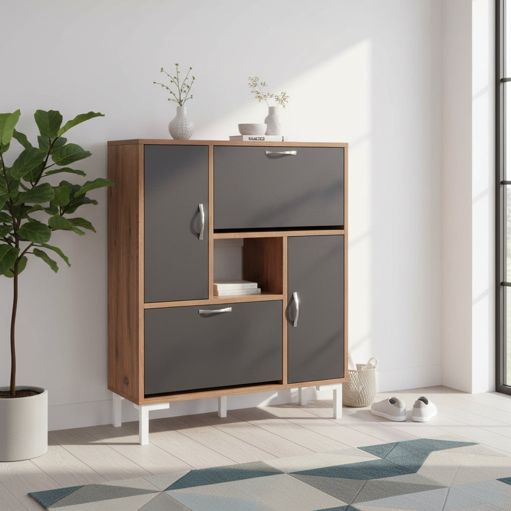 Шкаф за обувки Medy от меламин в естествен цвят и черно-кафяви крака 85x30x108.5 см