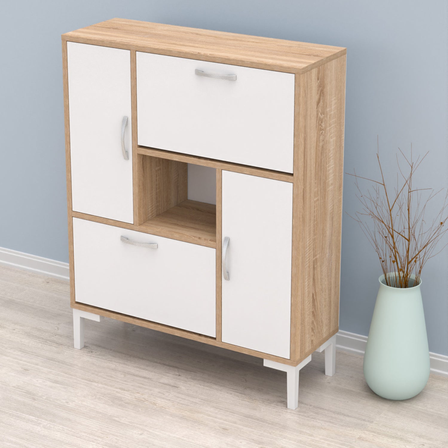 Шкаф за обувки от меламина Medy в бяло и с крака в цвят сонама-бели, 86.5x30x109см