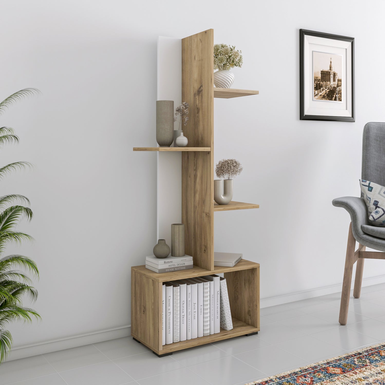 Етажерка  TRIVIO цвят бял-натурал цвят 50x25x127см