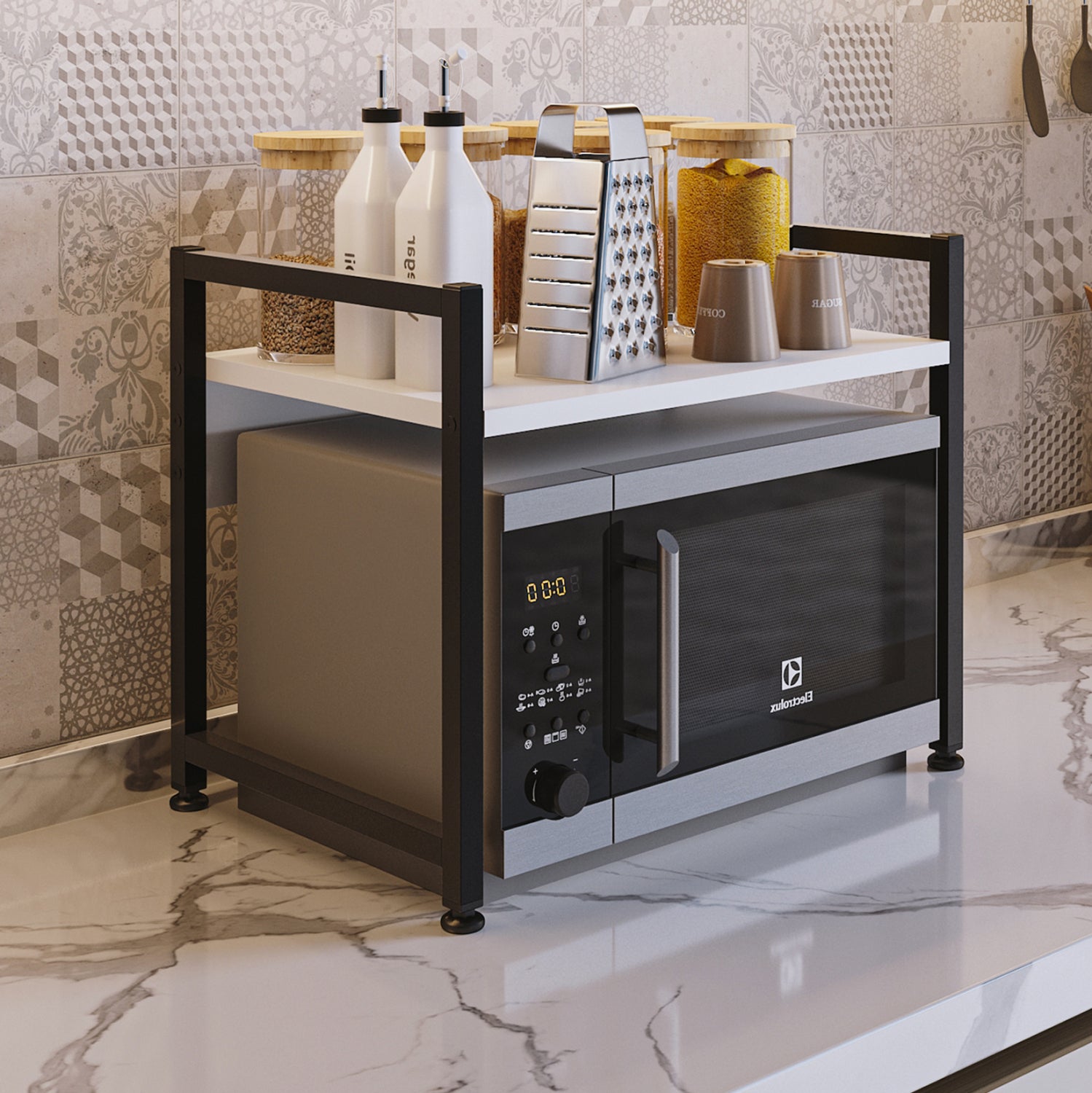 Рафт за кухненски плот, меламин, бяло-черен метал, 53x35x41см