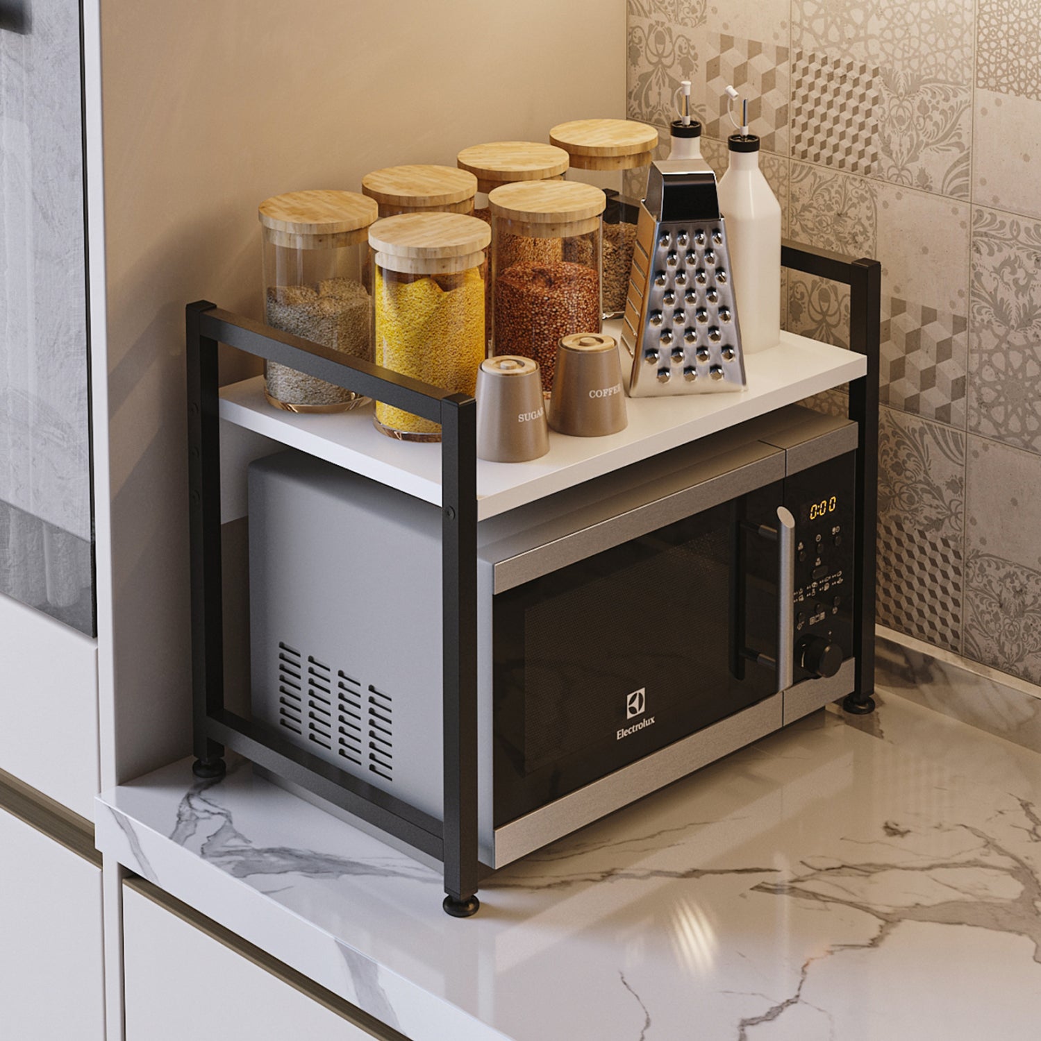 Рафт за кухненски плот, меламин, бяло-черен метал, 53x35x41см