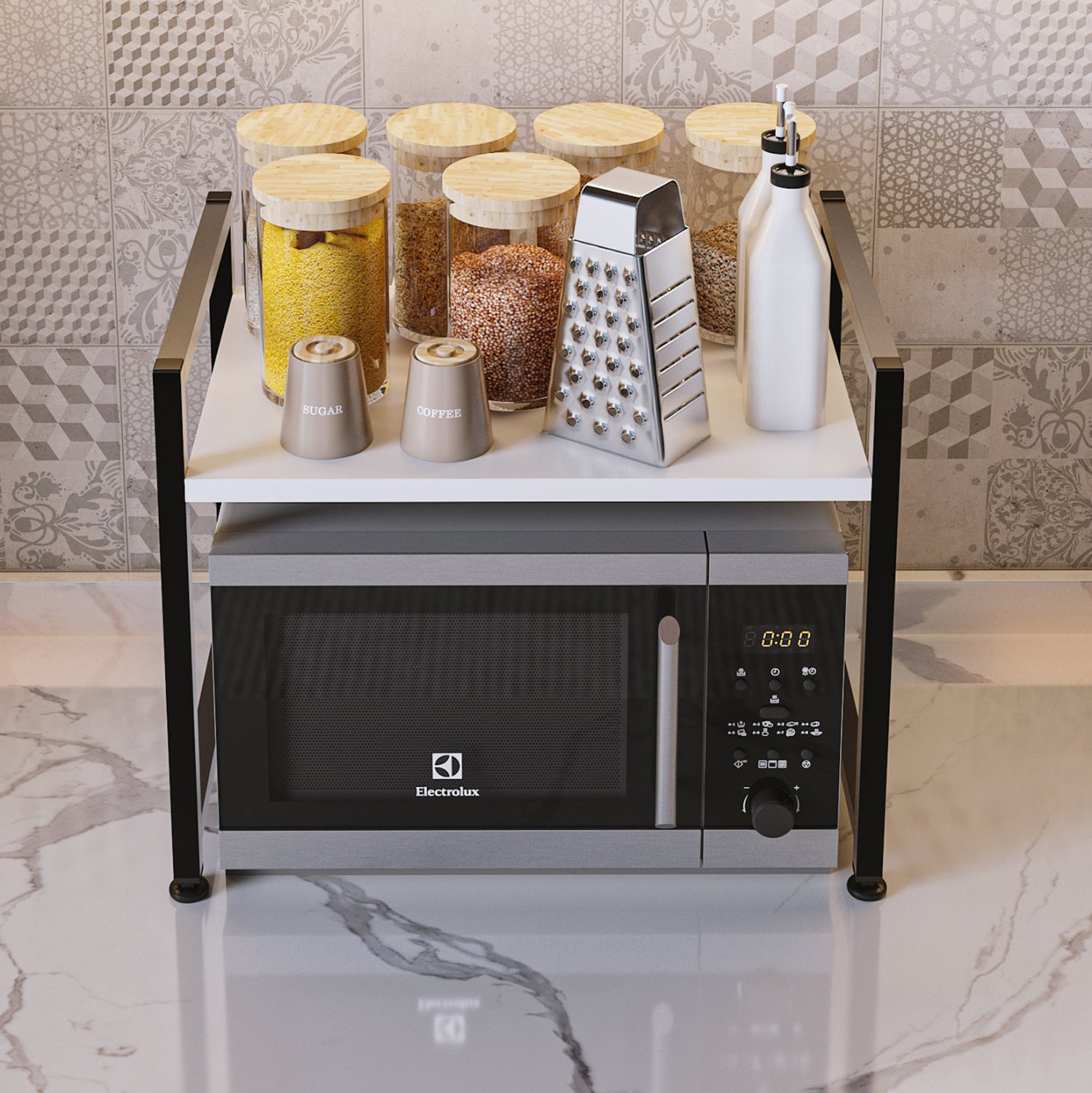 Рафт за кухненски плот, меламин, бяло-черен метал, 53x35x41см