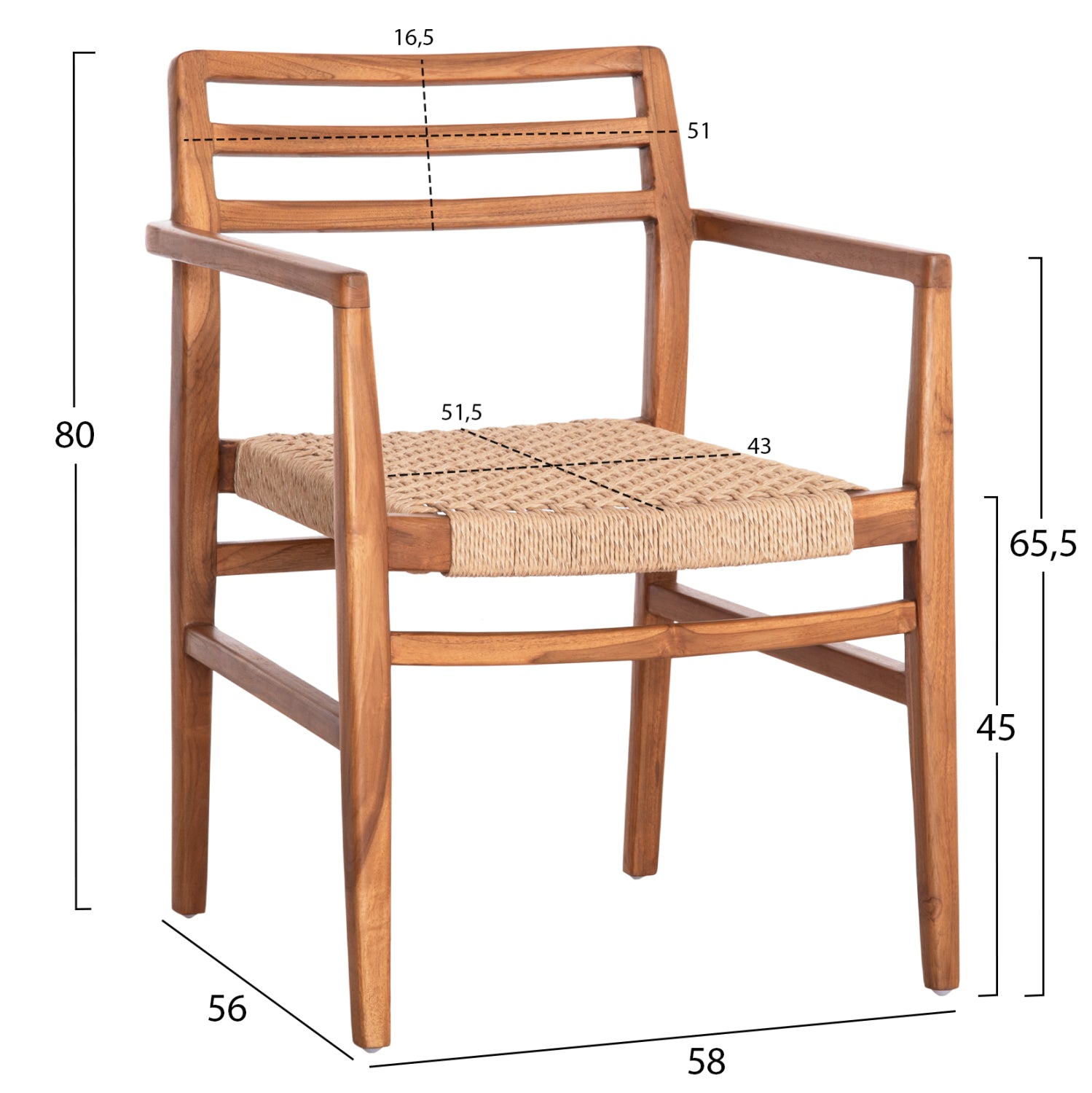 Кресло Хери натурал тиково дърво/въже 58x56x80