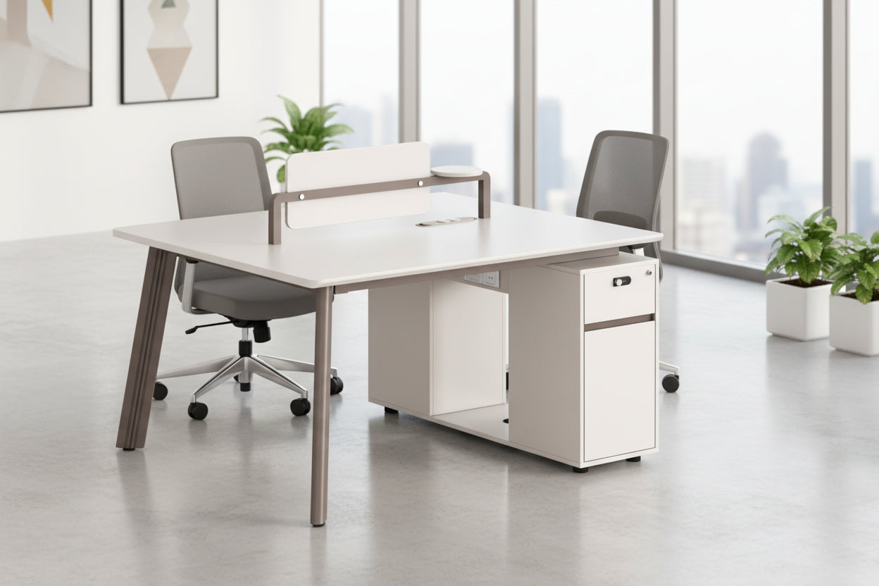 Двуместо работно бюро Newline меламинов с кремави алуминиеви крака 140x120x75всм