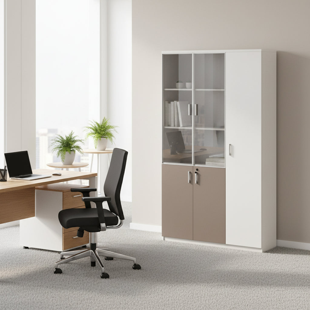 Офис библиотека NEWLINE 120x40 см  цвят кремаво бял-светло кафяв