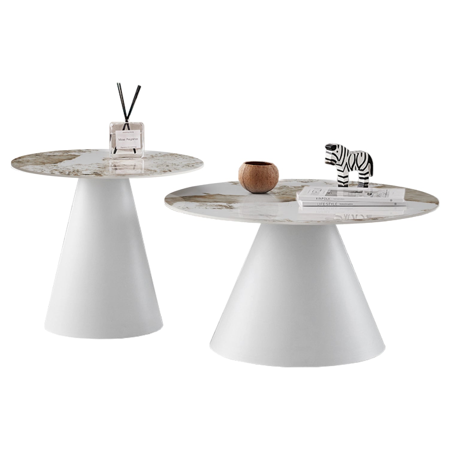 Комплект от 2 масички за кафе RIDGE с плотове от синтерован камък- бяла основа φ50 и φ70